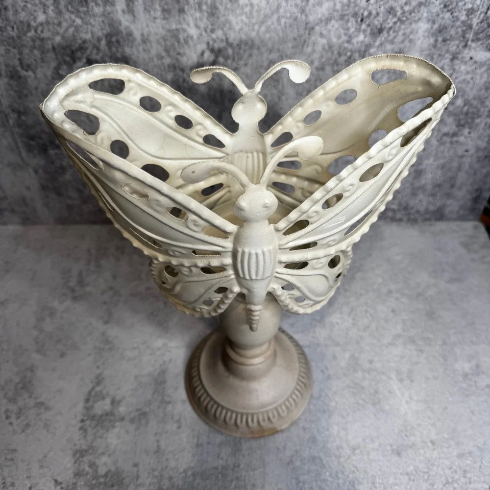 Cream Metal Butterfly Pillar Candle Holder Pedestal Distressed Shabby Chic